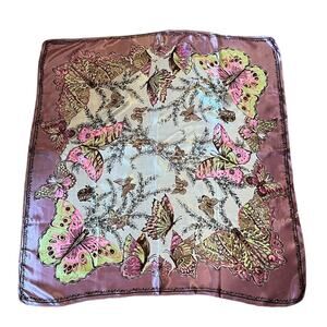 Vintage Scarf Butterflies Purple And Neon Large 33.5 X 31” Silky Feel